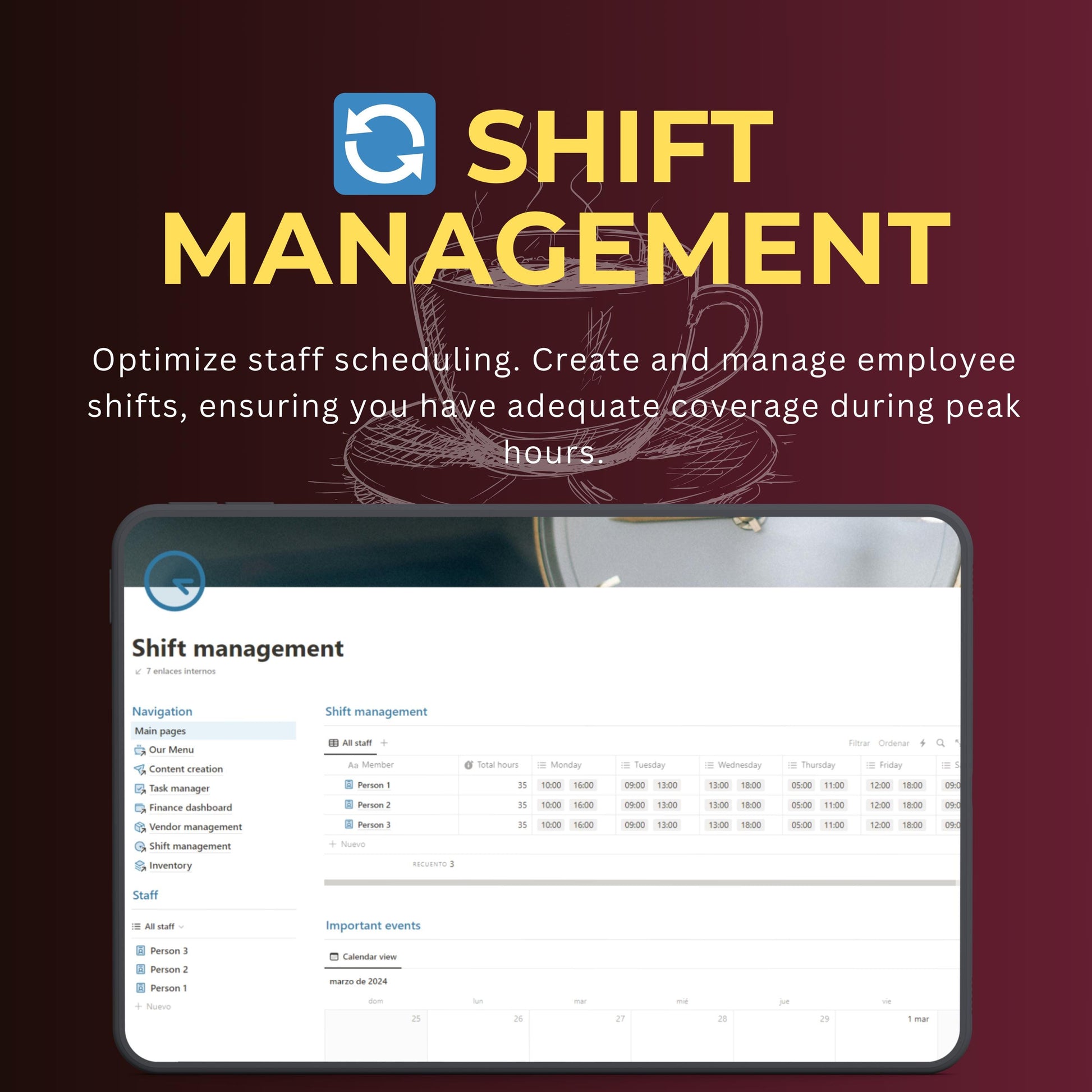 Coffee Shop Notion Template | Menu, Inventory & Shifts