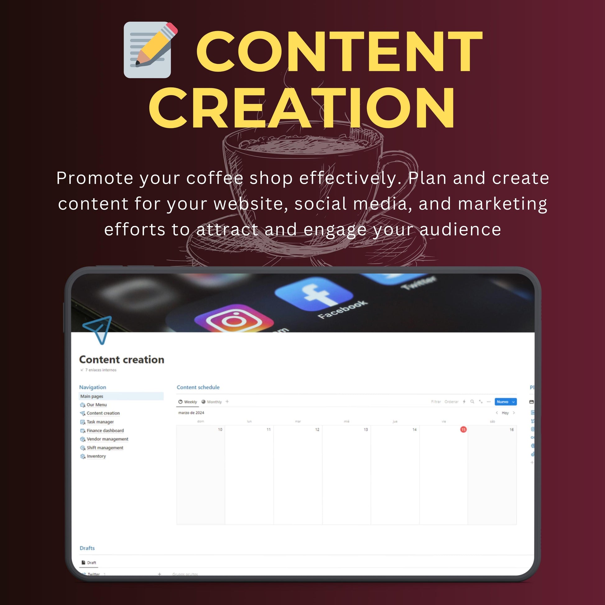 Coffee Shop Notion Template | Menu, Inventory & Shifts