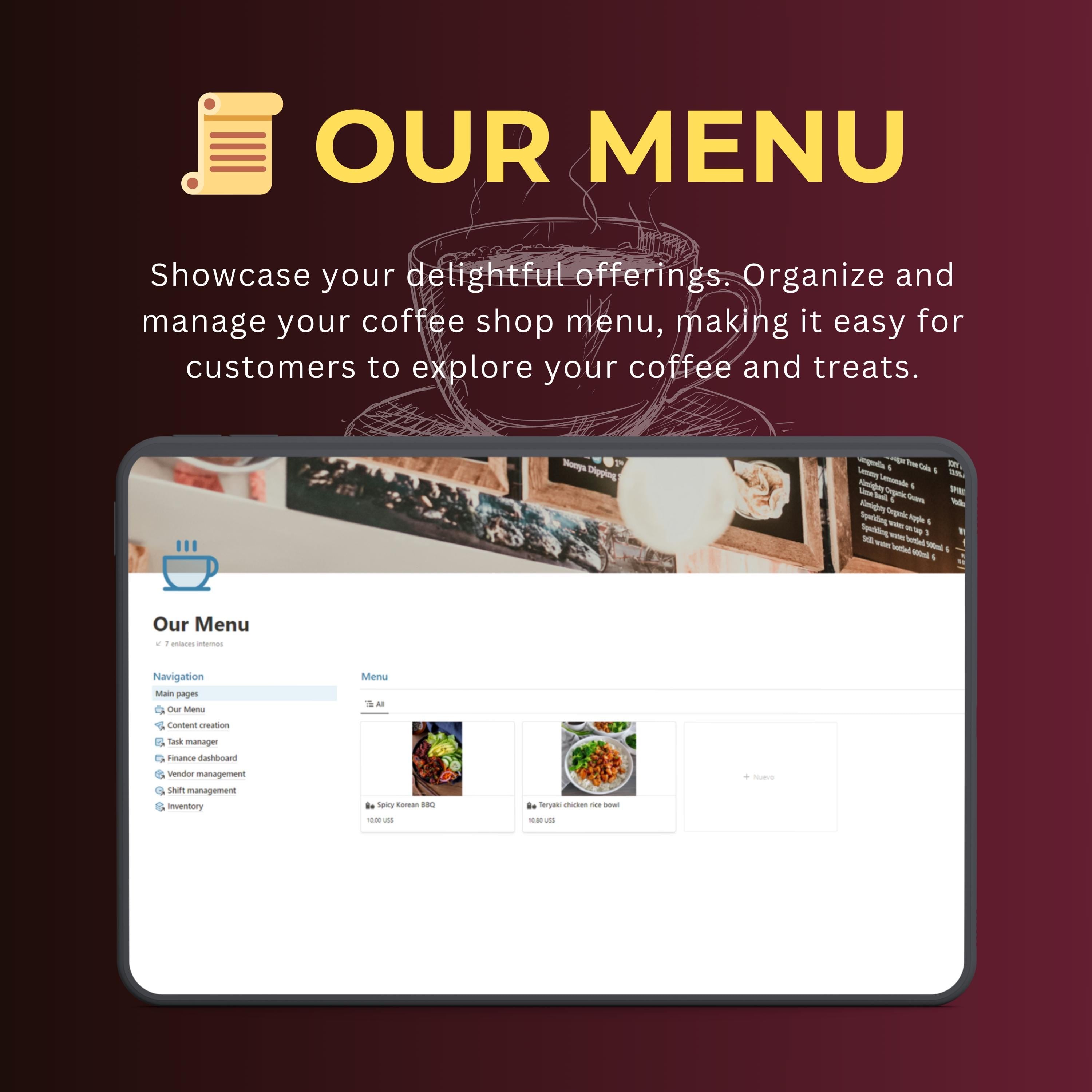 Coffee Shop Notion Template | Menu, Inventory & Shifts