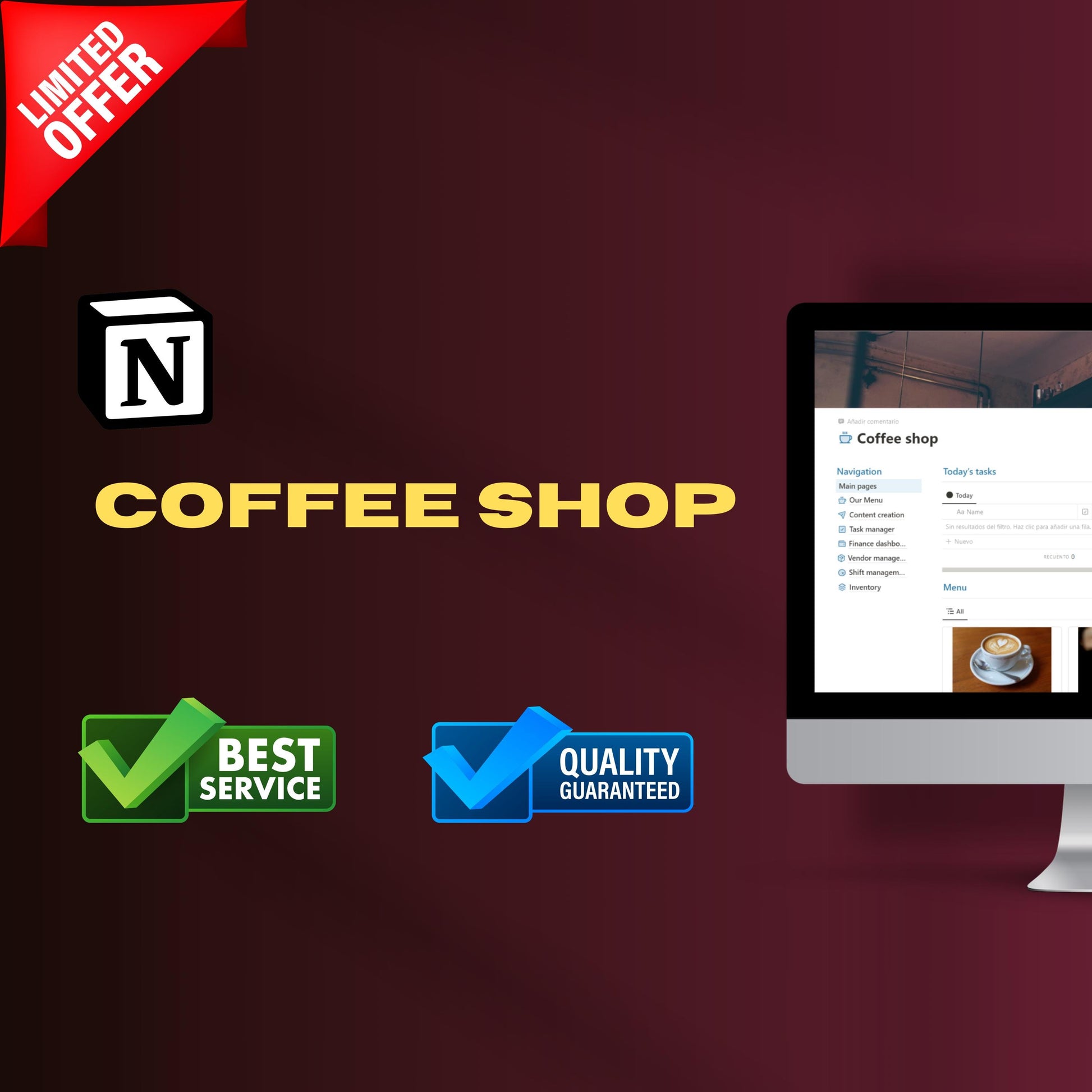 Coffee Shop Notion Template | Menu, Inventory & Shifts
